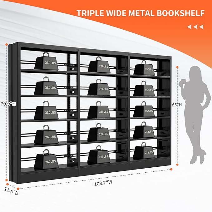 71" Metal Book Shelf, 5 Tier Bookshelf with Adjustable Shelves, Bookshleves and Bookcases, Heavy Duty Library Book Case, Expandable Combination Bookshelf (Black, 108.3" W)
