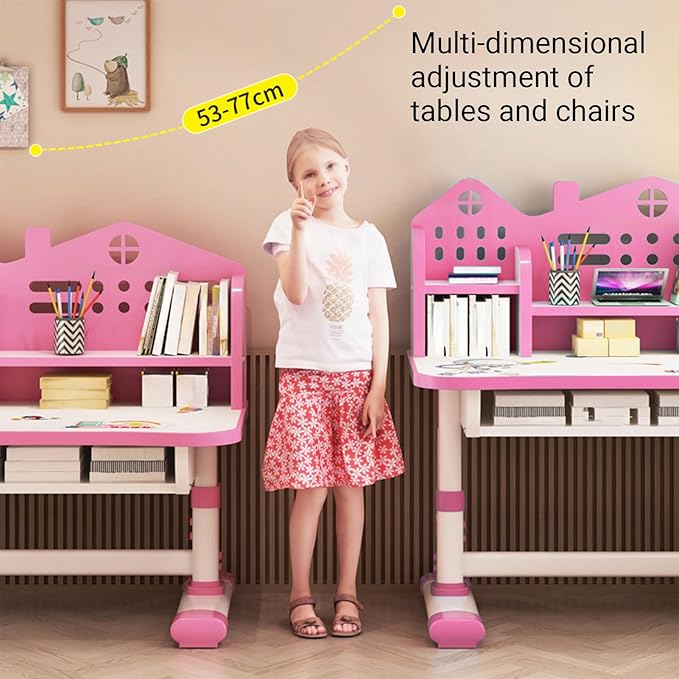 Children Learning Desk and Chair Set Pink Desk Set Height Adjustable with Drawers and Storage Compartments Curved Desktop Cartoon Learning Desks and Chairs Reading/Learning/Writing for Girls (Pink)