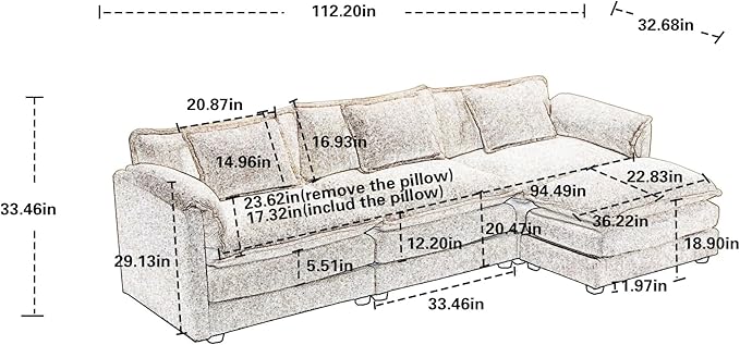 KEIKI 112" L-Shaped Chenille Modular Sectional Chenille Sofa with 1 Movable Ottoman & Memory Foam Cushion, Upholstered Oversized 4-Seater Couch, Easy Assembly, for Apartment, Living Room, Pink