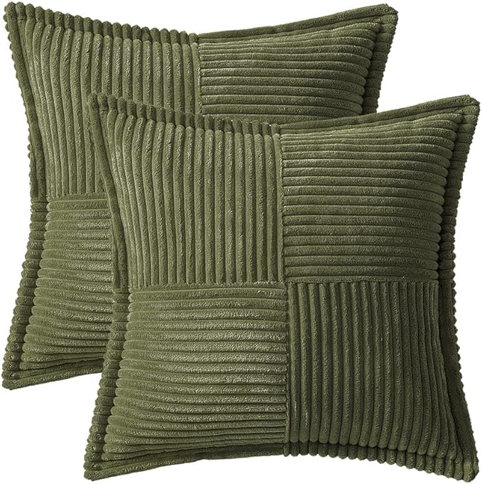 MIULEE Olive Green Corduroy Decorative Euro Sham Pillow Covers 24x24 Inch with Splicing Set of 2 Soft Boho Pillow Covers Broadside Textured Summer Pillowcases for Couch Bed Livingroom