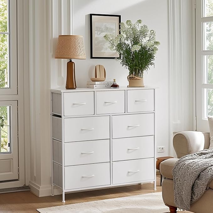Sweetcrispy Dresser with 9 Drawers for Bedroom, Fabric Dresser Storage Tower, Chest of Drawers Organizer Unit, Storage Cabinet for Hallway, Closets, Steel Frame, Wood Top