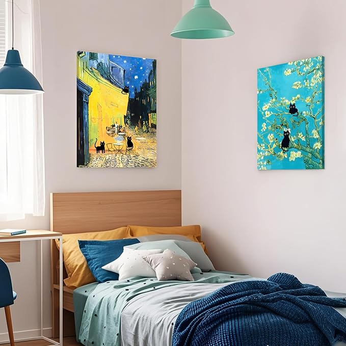 FASWQ Whimsical Black Cat Wall Art, Van Gogh Matisse Picasso Wall Decor, Funny Bathroom Canvas Paintings, Cute Animal Aesthetic Pictures for Living Room Kids' Room Framed Ready to Hang 16"x24"x3