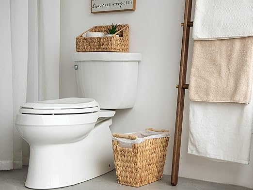 StorageWorks Wicker Waste Baskets, Water Hyacinth Waste Paper Baskets with Wooden Handles, Handwoven Trash Cans for Bathroom, Bedroom, Office, 2 Pack,12 Liter