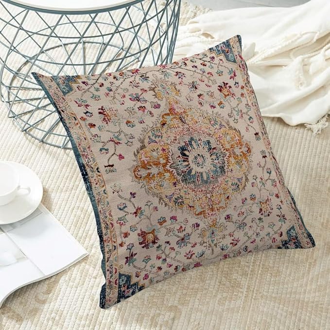 BETGINY Blue Orange Boho Throw Pillow Covers 18 x 18 Inch Pack of 2, Vintage Bohemian Carpet Pattern Decorative Pillow Cases Outdoor Ethnic Design Farmhouse Cushion Case for Home Sofa Decor