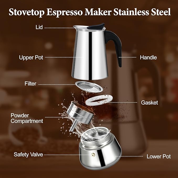 4 Cup Moka Pot Percolator Italian Coffee Maker 200ml Stovetop Espresso Mocha Stainless Steel Greca Coffee Maker Classic Cafe Makers Suitable for Induction Cookers Ceramic Stoves Tummy