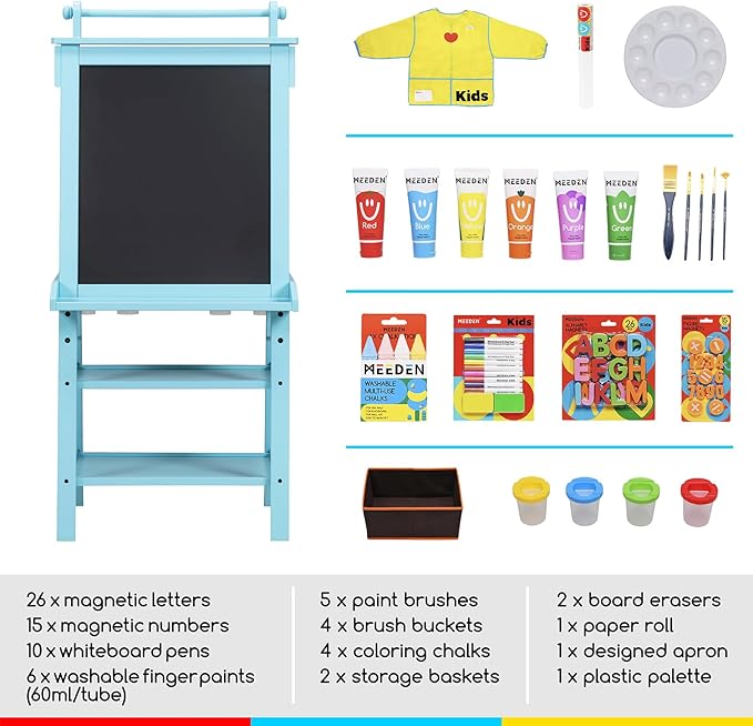 MEEDEN Art Kids Wooden Easel: Double-Sided Solid Pine Wood Art Easel with Paper Roll - Kids Art Easel with Chalkboard & Magnetic Whiteboard for Boy & Girls Gift - Blue