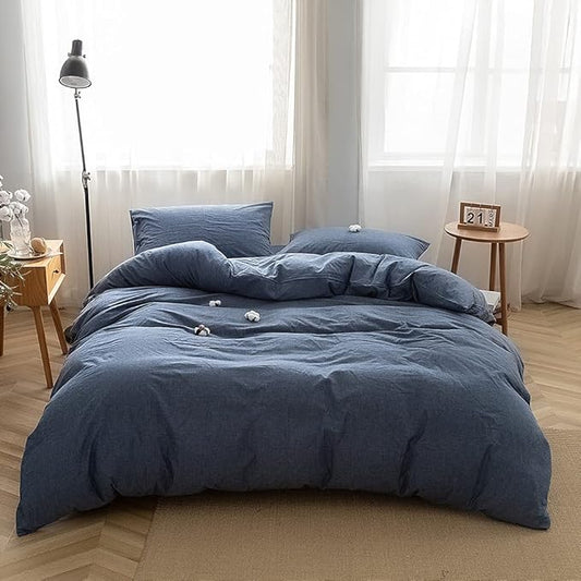 FACE TWO FACE Bedding Duvet Cover Set100% Washed Cotton Duvet Cover Linen Like Textured Breathable Durable Soft Comfy (Full, Navy Blue)