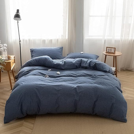 FACE TWO FACE Bedding Duvet Cover Set100% Washed Cotton Duvet Cover Linen Like Textured Breathable Durable Soft Comfy(Twin, Navy Blue)