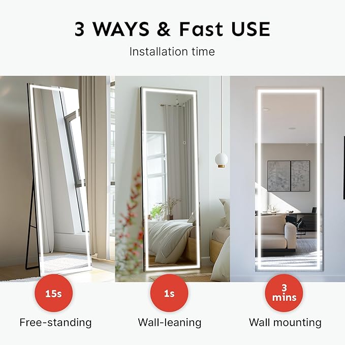 71x28 Frameless Full Length Mirror, Dimmable 3 Color LED Light w/Memory Function, Distortion Free, HD Reflection & Anti Desilvering, Tempered Glass & Shatter Proof Film Doubling Safety