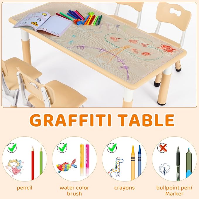 Arlopu Kids Table and 6 Chairs Set, Height Adjustable Graffiti Desk, Preschool Activity Art Craft Table, for Daycare Classroom Home Boys and Girls Age 3-12 (Beige)