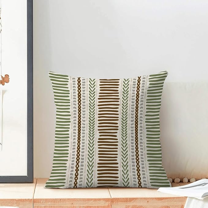 Boho Pillow Covers 18x18 Set of Brown Sage Green Stripes Throw Pillow Covers Outdoor Decoration,Abstract Modern Bohemian Farmhouse Linen Decorative Cushion Cover for Home Sofa Couch