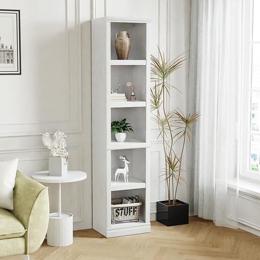 blini 5-Shelf Narrow Bookcase White Wooden Bookshelves Floor Standing Display Storage Shelves Bookcase for Home Office, Living Room, Bed Room