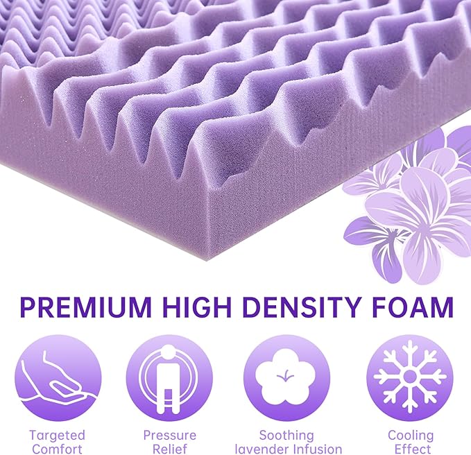 MUXHOMO 3.9 Inch 7-Zone Twin XL Mattress Topper, Egg Crate Foam Mattress Topper Twin XL Size for Back Pain, Lavender Cooling Gel Infused Bed Pad, CertiPUR-US and Oeko-TEX Certification (79"×38")