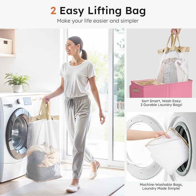 SOLEDI Large Double Laundry Hamper with Lid, Collapsible Clothes Hamper 2 section with Removable Bags, Space-Saving Laundry Basket for Bedroom, Dorm, College
