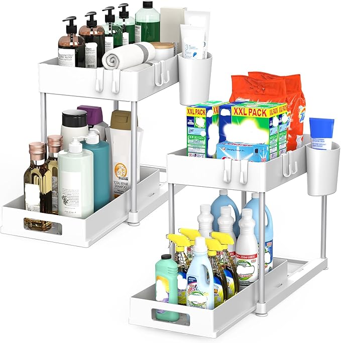 Under Sink Organizers and Storage, 2 Pack Large Capacity Heavy Load Pull-out Under Sink Shelves with Sliding Drawer for Kitchen and Bathroom, White