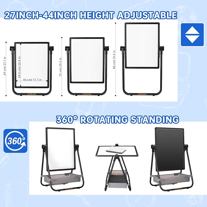 Easel for Kids, Adjustable Standing Toddler Easel Magnetic Whiteboard & Chalkboard with 27inch-44inch Height, Double Sided 360°Rotating Kids Art Easel for Toddlers for Boys and Girls 3+
