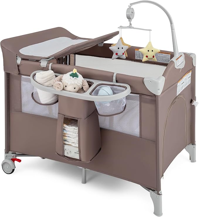 BABY JOY 5-in-1 Pack and Play, Portable Baby Bedside Sleeper with Bassinet, U-Shaped Diaper Changer, Safety Strap, Side Zipper Entrance, Bedside Crib Playard from Newborn to Toddlers (Coffee)
