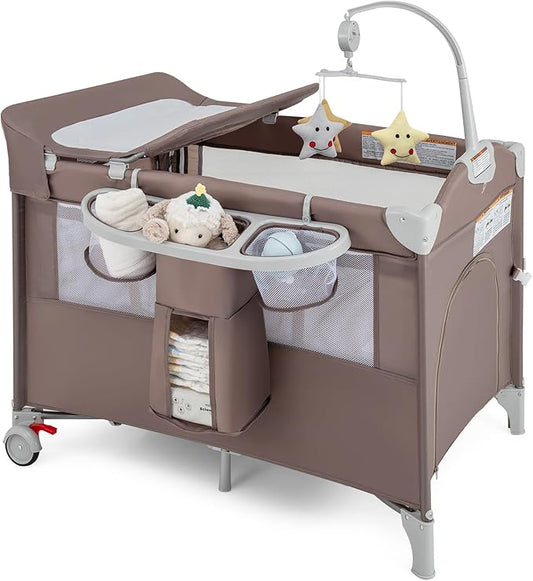 BABY JOY 5-in-1 Pack and Play, Portable Baby Bedside Sleeper with Bassinet, U-Shaped Diaper Changer, Safety Strap, Side Zipper Entrance, Bedside Crib Playard from Newborn to Toddlers (Coffee)