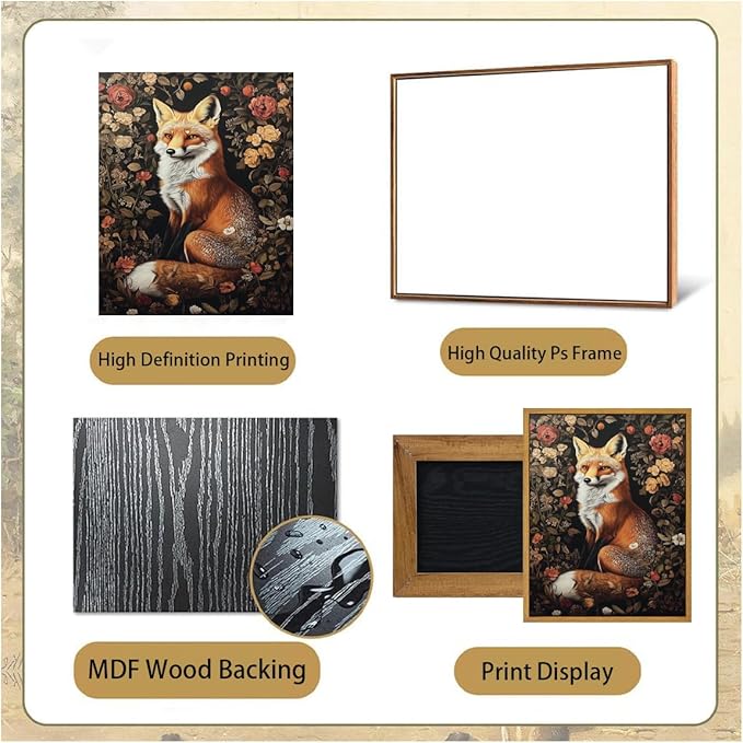 Djmwtb Framed Vintage Wall Art, Fox wall Decor,Nature Botanical Wall Art for Bedroom Decor, Flower Pictures Paintings Animal Canvas Artwork Prints for Living Room 16x24in
