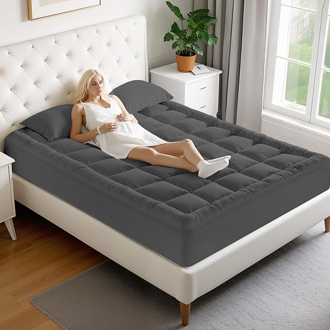 MATBEBY Full XL Mattress Pad - Cooling Breathable Mattress Topper, Quilted Fitted Mattress Protector, Pillow Top Mattress Cover with 8-21" Deep Pocket, Machine Washable, Dark Grey, Full Extra Long