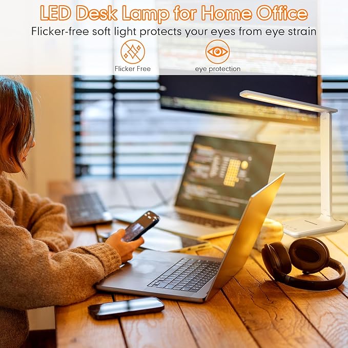 karidi LED Desk Lamp with Wireless Charger, Dimmable Table Lamp Reading Lamp with USB Charging Port, 5 Lighting Modes, Sensitive Control, Foldable Portable Desk Light for Home Office Bedroom Reading