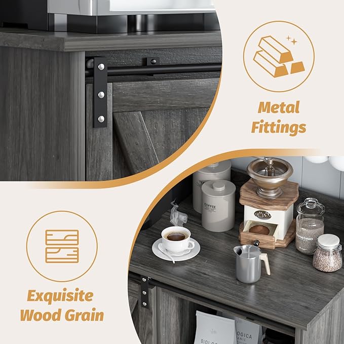 4ever2buy Farmhouse Coffee Bar Cabinet with Storage, Grey Coffee Bar with 6 Hooks, Buffet Table with Sliding Barn Door, Wine Bar Cabinet with Adjustable Shelf for Living Dining Roome