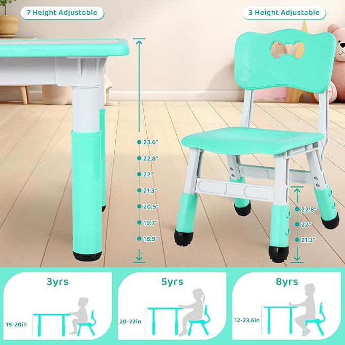 Arlopu Kids Table and 4 Chair Set, Height Adjustable Toddler Table and Chair Set, Non-Slip Legs, Graffiti Desktop, Large Children Activity Table, Reading Daycare Classroom Home (Light Green)