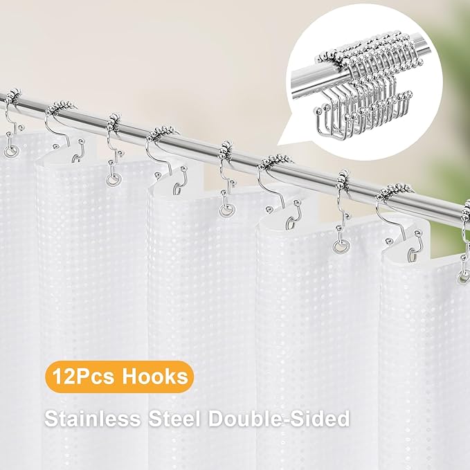 3 in 1 Extra Long Shower Curtain Set-72 W x 84 H, White Waffle and PEVA Liner Set with 12 Stainless Steel Hooks, Waterproof Fabric for Bathroom