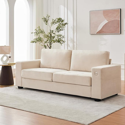 Garvee 90" Chenille Fabric Sofa Modern Comfort Sofa with USB/Type-C Ports, Deep Seat Cushions, Removable Cover, Wide Armrests Ideal for Living Rooms, Small Spaces, and Apartments - Beige