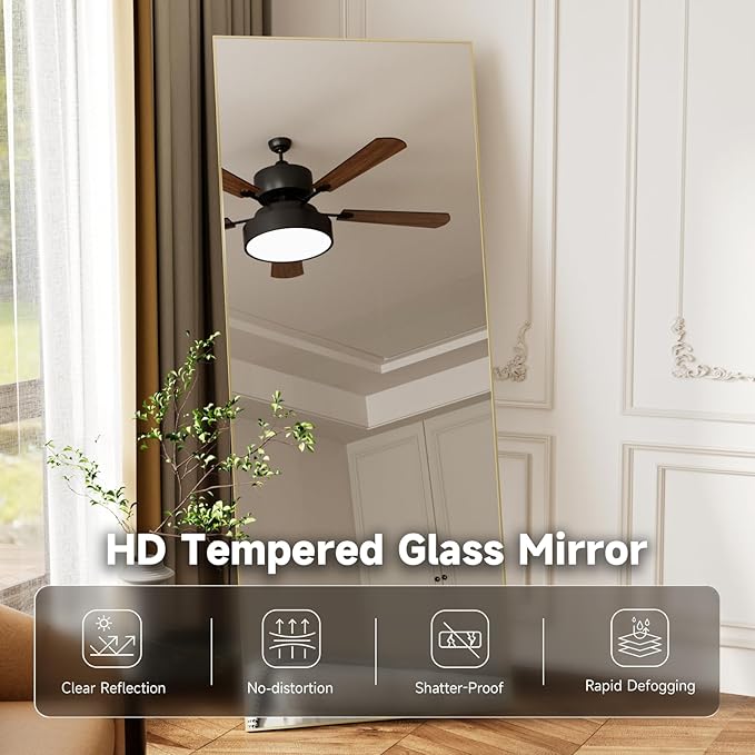 56"x15" Full Length Mirror, Gold Tempered Glass Rectangle Floor Standing Mirrors, Wall Mounted Hanging Aluminum Alloy Frame Bedroom Floor