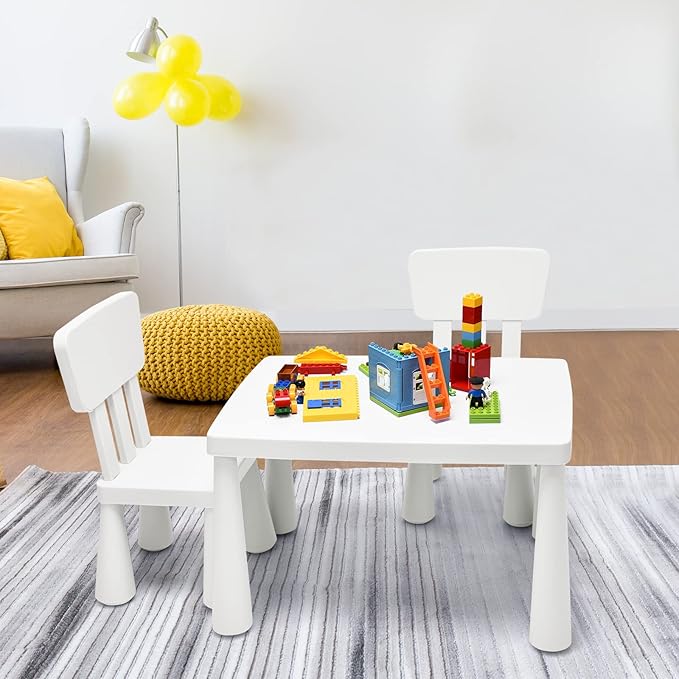 LDAILY Kids Table and Chairs, 3-Piece Children Arts Nursery Furniture for Drawing, Reading, and Painting, Light Weight Plastic Activity Kids Desk and Chair Set for Playroom, Kindergarten (White)