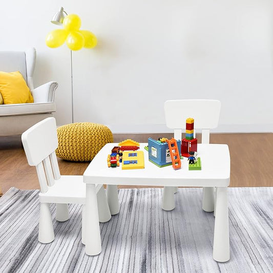 LDAILY Kids Table and Chairs, 3-Piece Children Arts Nursery Furniture for Drawing, Reading, and Painting, Light Weight Plastic Activity Kids Desk and Chair Set for Playroom, Kindergarten (White)