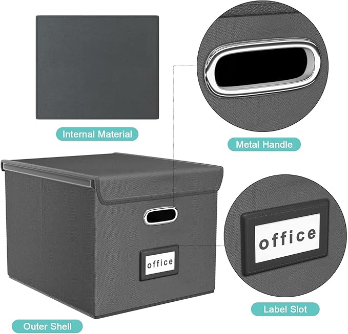 Collapsible File Storage Organizer Boxes with Lids, Linen Office Document Storage Box, Filing Box, Decorative Small File Box for Hanging File, Single File Box with Plastic Slide for Office/Decor/Home