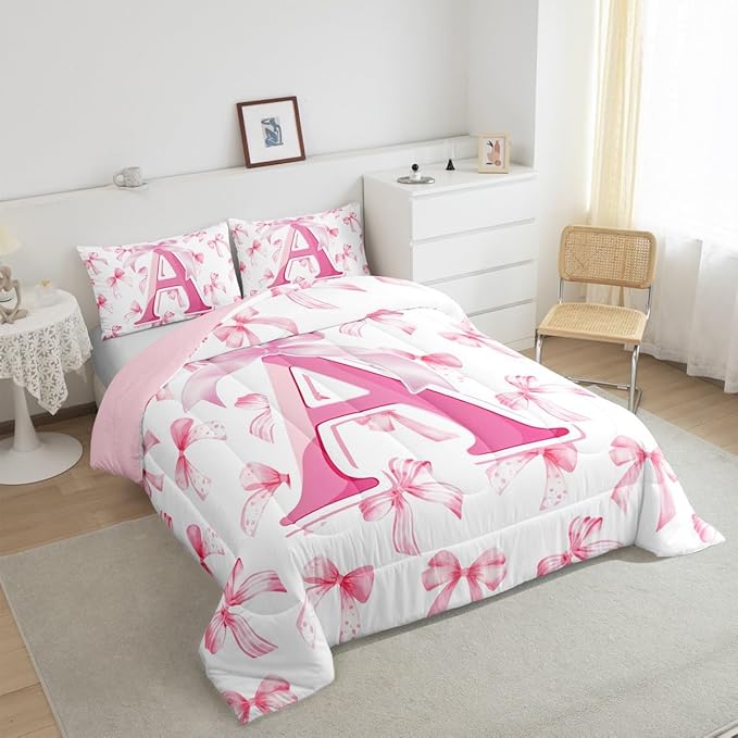 jejeloiu Kids Girls Cute Pink Bow Comforter Set Full Size Monogrammed Bedding Set Ultra Soft Personalized Initial A Duvet Quilt Coquette Bow Knot Quilt Set Room Decor Modern Fashion Comforter