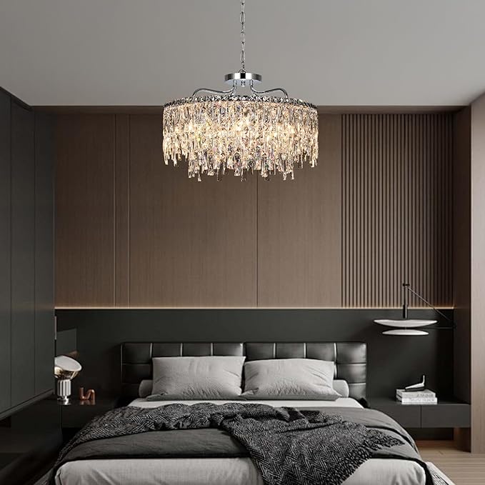 Luxury Crystal Chandelier, 24" Modern Round Dining Room Chandeliers Over Table，8 Lights Chrome Ceiling Pendant Ceiling Lighting for Living Room Bedroom Entryway Foyer Staircase