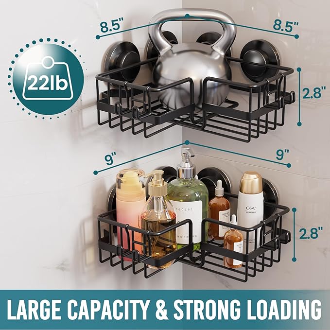 TAILI Corner-adaptive Suction Cup Shower Caddy 2 Pack, Stainless Steel Rustproof Corner Shower Shelves, Drill-Free Wall Mounted Baskets, Large Capacity, Removable Suction Cup Bathroom Organizer, Black