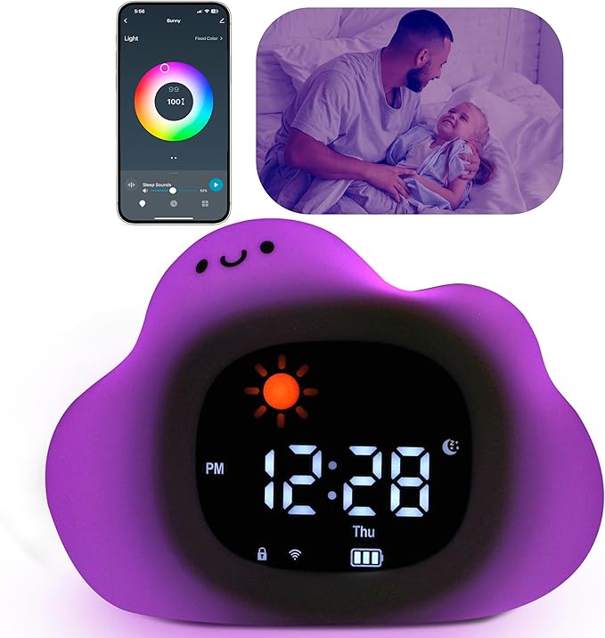 Bumble & Bright Go & Glow Cloud App Control Kids Alarm Clock – Digital Sleep Trainer with USB-C Corded, 8 Night Light Colors, 6 Soothing Sounds, 12/24H Routine Trainer, Gift for Boys & Girls