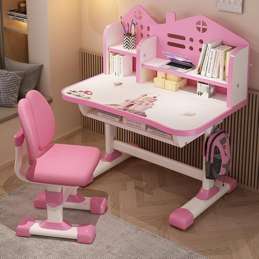 Kids Functional Desk and Chair Set, Ergonomic Height Adjustable Children School Study Desk with Bookstand Widened, Study Table Storage Drawer for Boys Girls(Pink) Pink