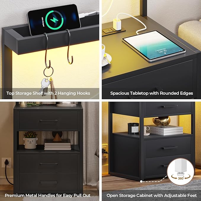 VIAGDO Nightstands Set of 2 with LED Lights, 3 Drawers Night Stands with Charging Station, Black Bedside Tables with Storage Shelves, Modern End Side Tables for Bedroom, Office