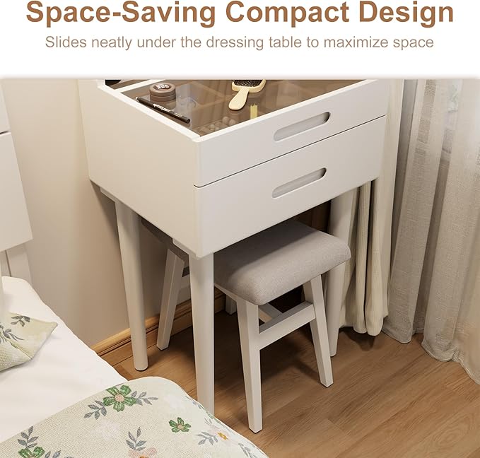 Solid Wood Small Vanity Stool, Compact Makeup Chair with Saddle Cushion, Linen-Covered High Rebound Sponge Seat, Easy Assembly Footstool, Modern Ottoman for Bedroom, Entryway, Home, White