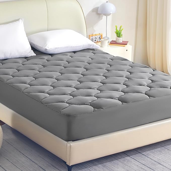 SLEEP ZONE Cooling Mattress Topper Queen, Extra Thick Mattress Pad Cover, Soft Fluffy Pillow Top Bed Mattress Topper, Easy Care, Washable (Grey Lattice, Queen)