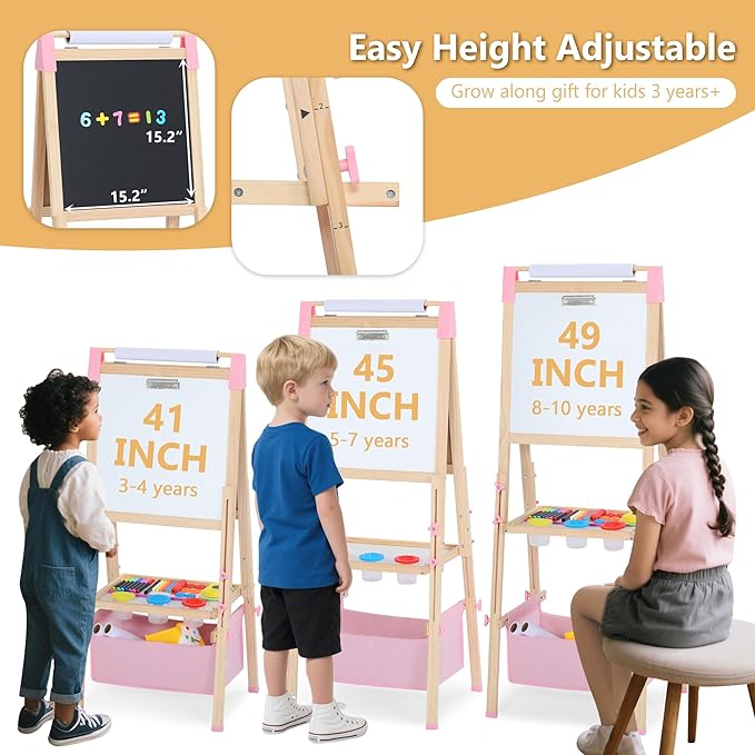 Kinder King Wooden Kids Easel, 3 in 1 Adjustable Art Easel for Kids, Double-Sided Magnetic Whiteboard & Chalkboard, Paper Roller, Art Supplies, Coloring Drawing Easel Toddler Gift Ages 3+, Pink