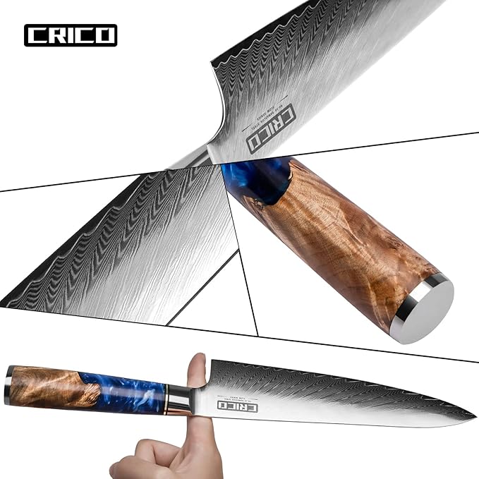 CRICO Damascus Chef Knife 8 inch, Professional Kitchen Knives with Sheath, Forged Japanese VG10 67-Layers Super Steel, Stable-Wood&Resin Handle, Razor Sharp, Gift Box - Flow Series