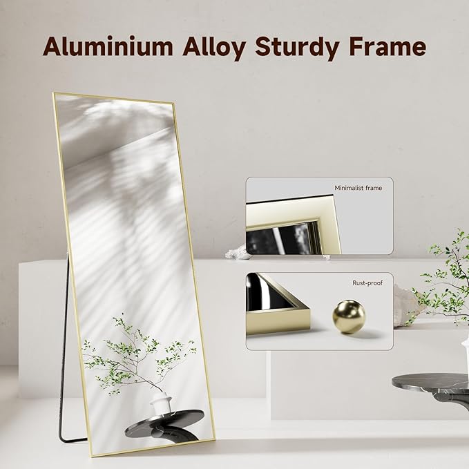 69"x24" Full Length Mirror, Gold Tempered Glass Rectangle Floor Standing Mirrors, Wall Mounted Hanging Aluminum Alloy Frame Bedroom Floor