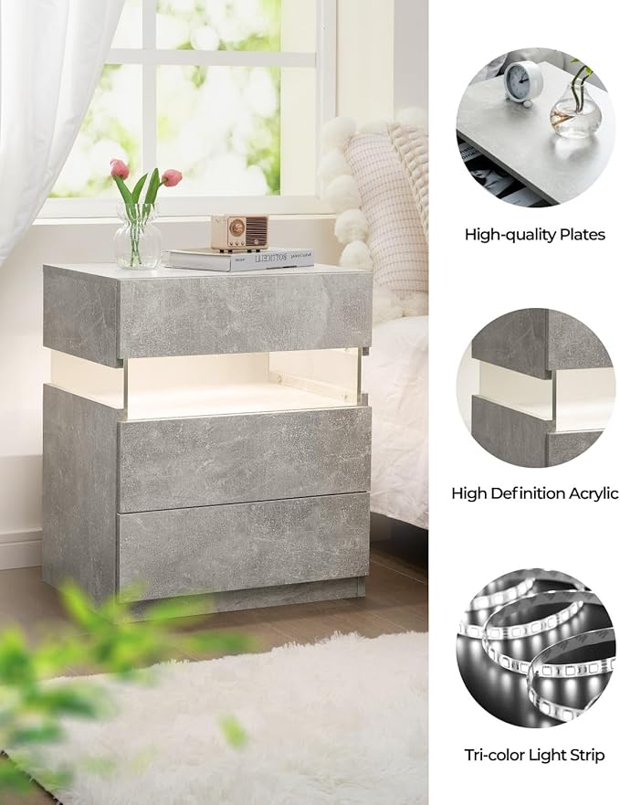 Bingoday LED Nightstands Set of 2 LED Bedside Tables with 3 Drawers Modern Night Stand with Acrylic Board Night Stand Set 2 for Bedroom