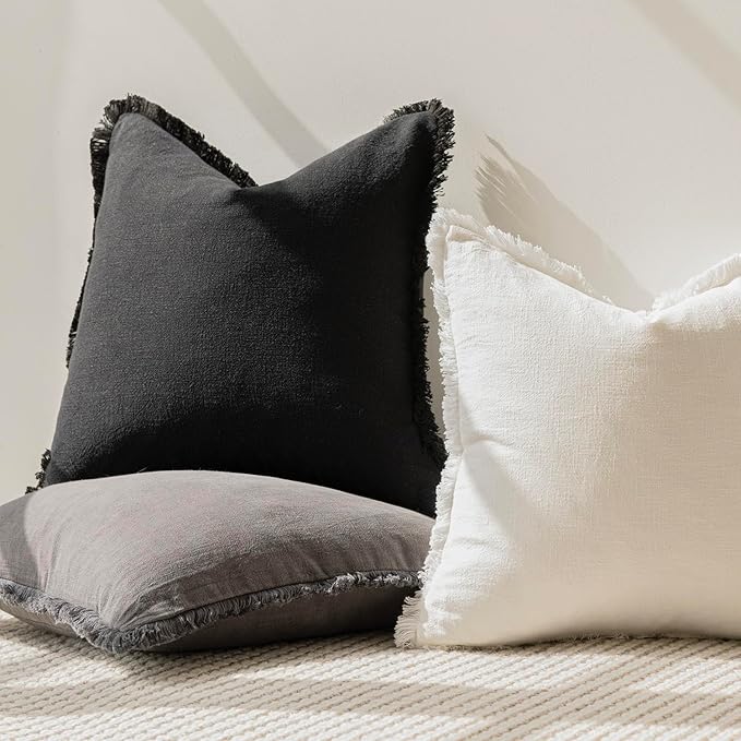 Foindtower Set of 2 Decorative Linen Fringe Throw Pillow Covers Cozy Boho Farmhouse Cushion Cover with Tassels Soft Accent Pillowcase for Couch Sofa Bed Living Room Home Decor, 24×24 Inch, Black