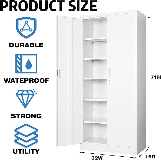 Steel SnapIt Cabinet, 71 Inch Metal Storage Cabinet with Locking Doors and 5 Adjustable Shelves, Garage Cabinet, Tool Cabinets for Office and Home Use (White)
