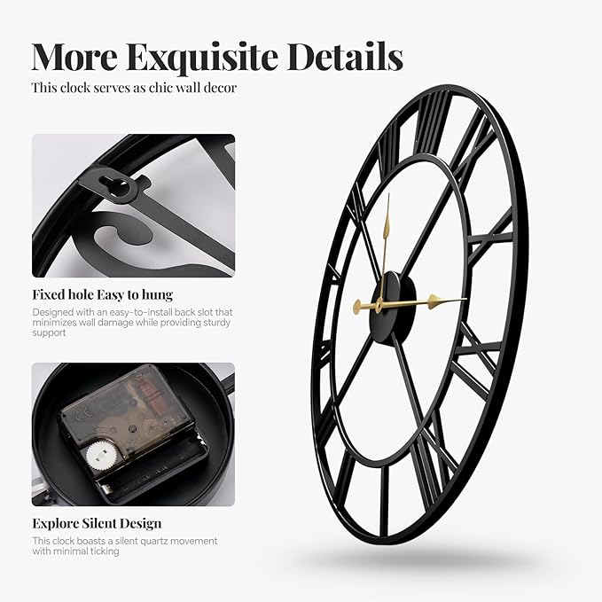16 Inch Wall Clock for Living Room, Black Metal Wall Clock Battery Operated, Round Roman Numeral Decorative Clocks for Bedroom, Home, Kitchen, Office, Wall Decor