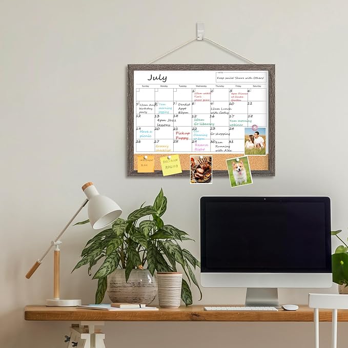 Calendar Whiteboard for Wall, 17x13 Inches Dry Erase Calendar Cork Board Combo, Magnetic White Board with Wood Framed, Hanging Dry Erase Board for Home Kitchen Office Planner Memo