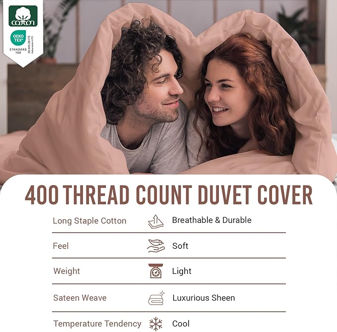 Pizuna Pure 100% Cotton King Duvet Cover Set, Luxurious 400 Thread Count Long Staple Cotton Sateen Weave with Button Closure (Combed Misty Rose Cotton Duvet Cover King)